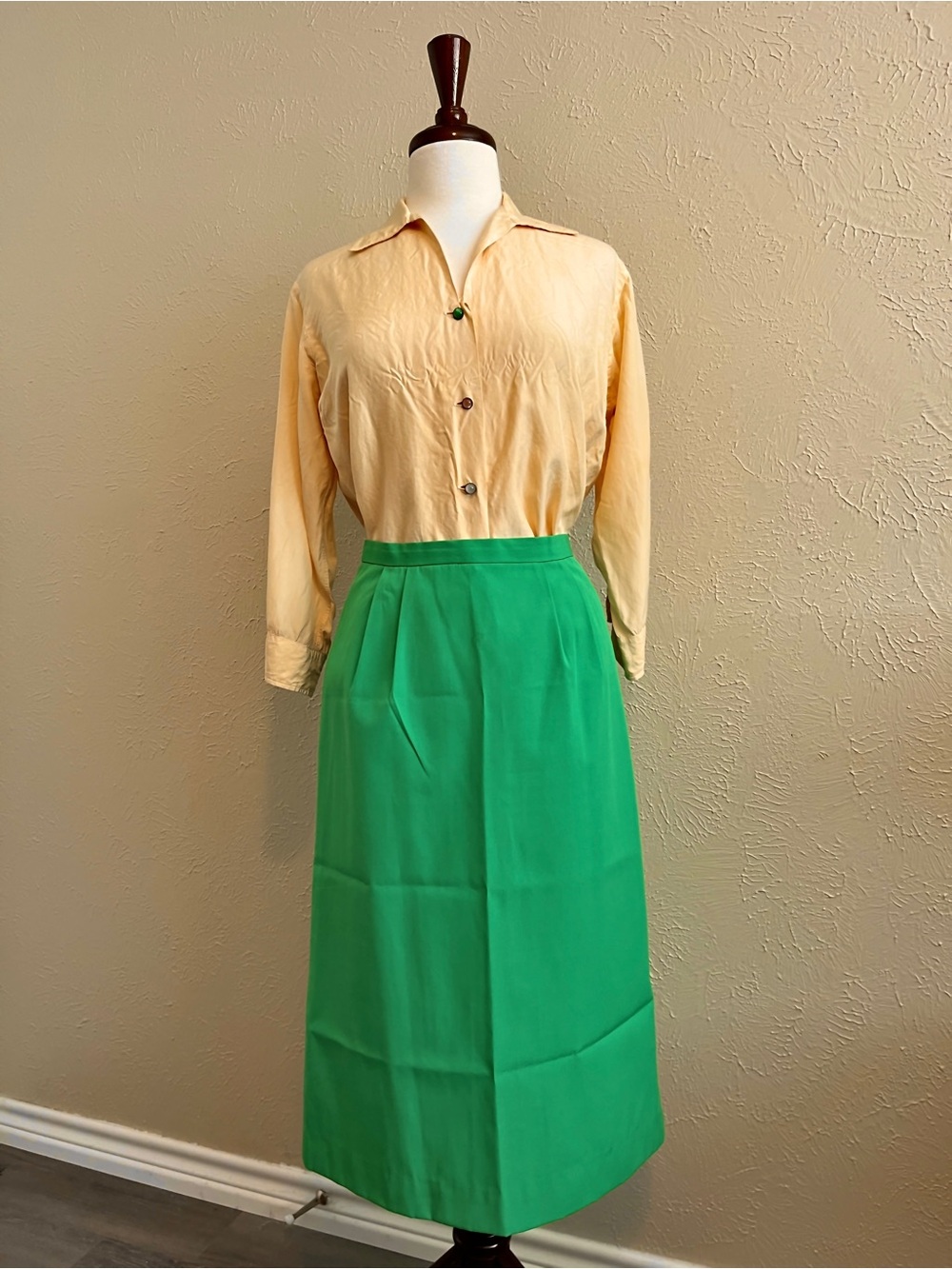 VINTAGE Green Pencil Skirt and Silk Button Down Set